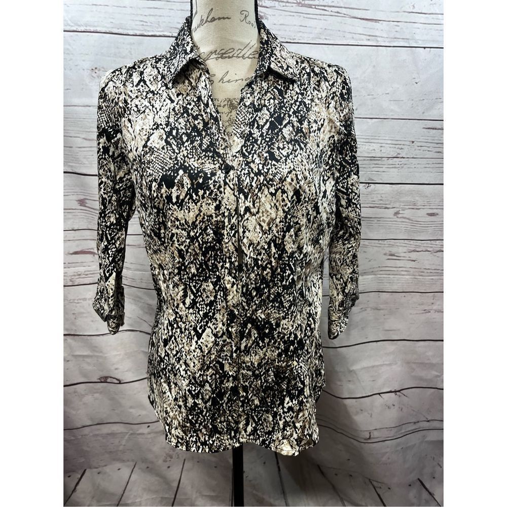 Dana Buchman Womens Snakeskin Animal Print 3/4 Sleeve Button Up Small Black